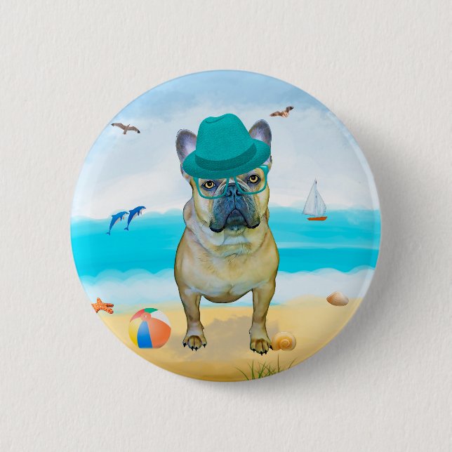 French Bulldog on Beach Button (Front)