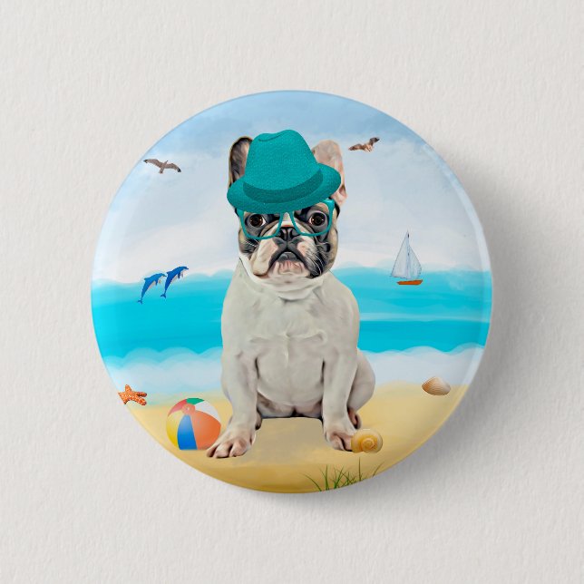 French Bulldog on Beach Button (Front)