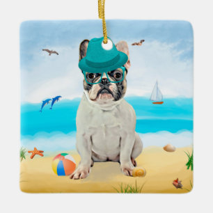 French Bulldog on Beach Ceramic Ornament