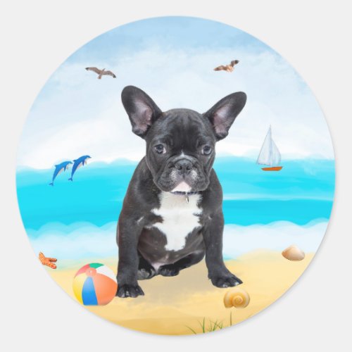 French Bulldog on Beach Classic Round Sticker
