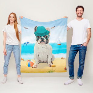 French Bulldog on Beach Fleece Blanket