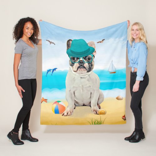 French Bulldog on Beach Fleece Blanket