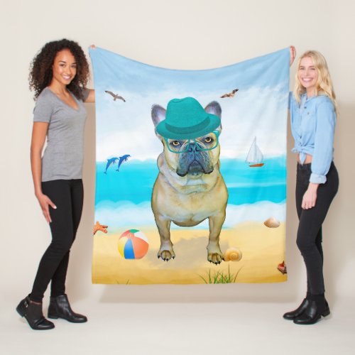 French Bulldog on Beach Fleece Blanket