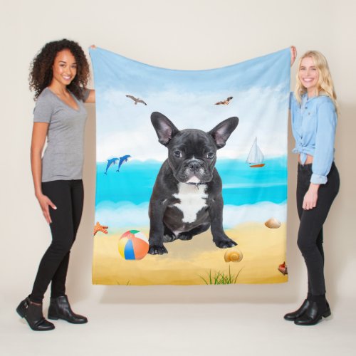 French Bulldog on Beach Fleece Blanket