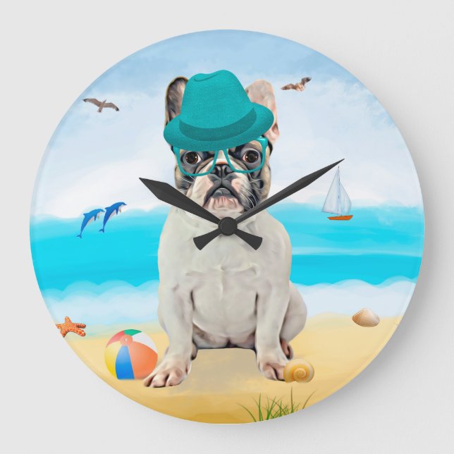 French Bulldog on Beach Large Clock (Front)
