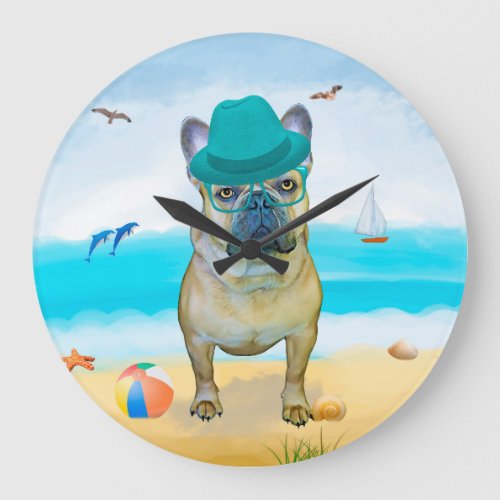 French Bulldog on Beach  Large Clock