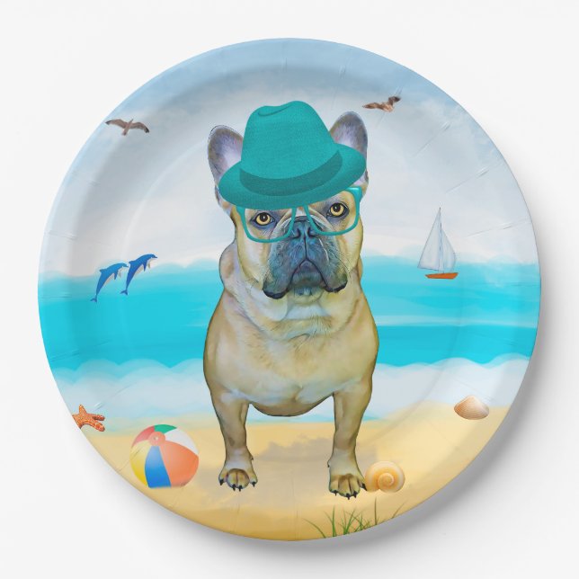 French Bulldog on Beach Paper Plates (Front)