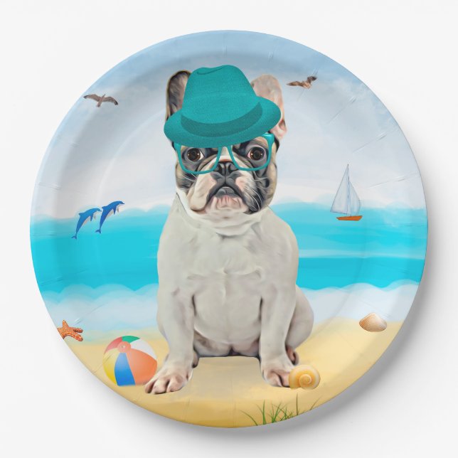French Bulldog on Beach Paper Plates (Front)