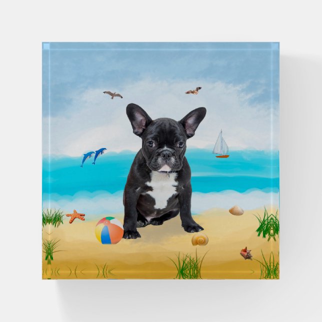 French Bulldog on Beach Paperweight (Front)