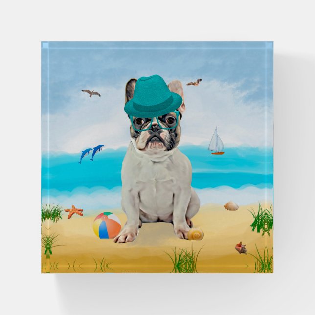 French Bulldog on Beach Paperweight (Front)