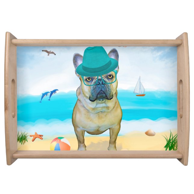 French Bulldog on Beach Serving Tray (Front)