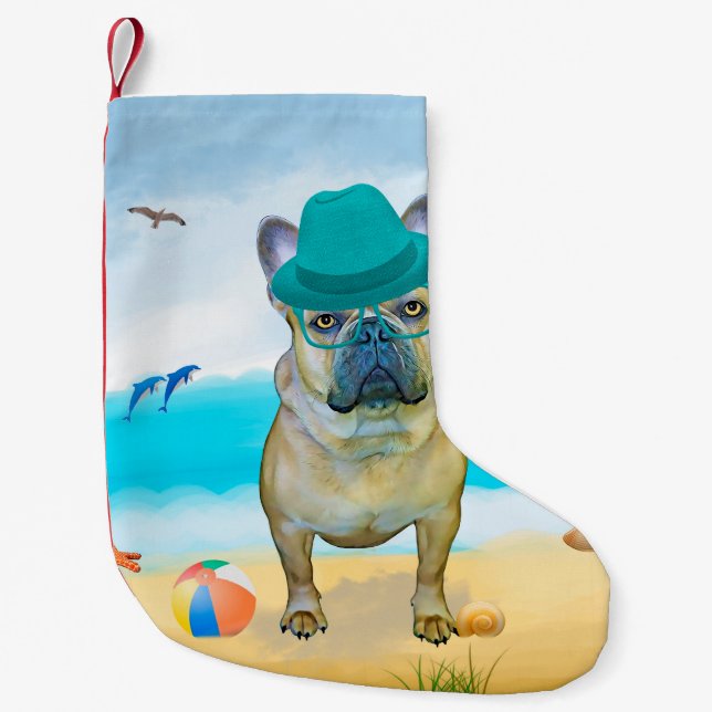 French Bulldog on Beach Small Christmas Stocking (Front)
