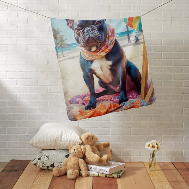 French Bulldog on Beach, summer gift for dog lover Baby Blanket (In Situ)