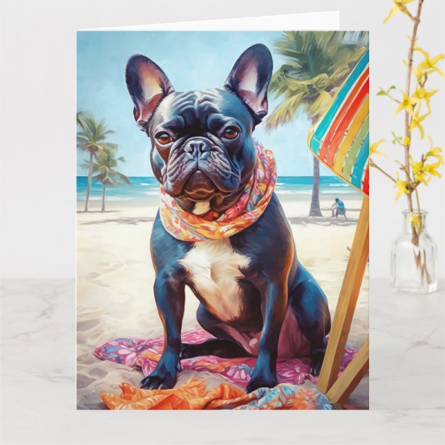French Bulldog on Beach, summer gift for dog lover Card (Yellow Flower)
