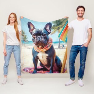 French Bulldog on Beach, summer gift for dog lover Fleece Blanket