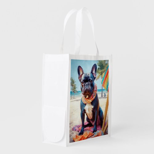 French Bulldog on Beach summer gift for dog lover Grocery Bag