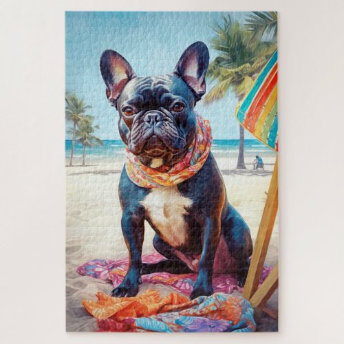 French Bulldog on Beach summer gift for dog lover Jigsaw Puzzle