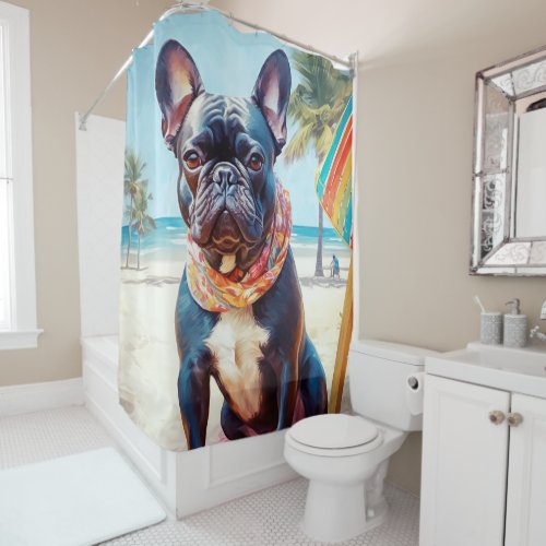 French Bulldog on Beach summer gift for dog lover Shower Curtain