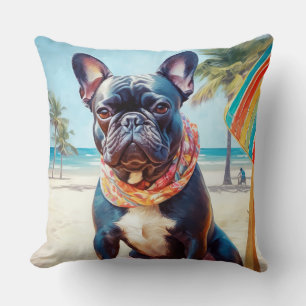 French Bulldog on Beach, summer gift for dog lover Throw Pillow