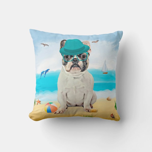 French Bulldog on Beach Throw Pillow (Front)