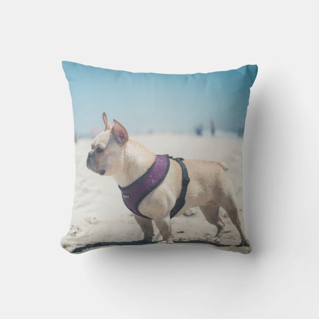 French Bulldog On Beach Throw Pillow (Front)