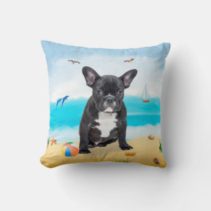 French Bulldog on Beach Throw Pillow