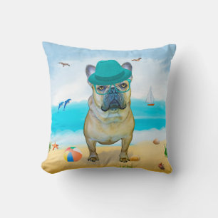 French Bulldog on Beach Throw Pillow