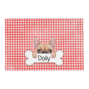 French bulldog on bone and gingham placemat
