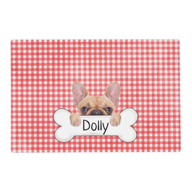 French bulldog on bone and gingham placemat (Front)