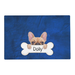 French Bulldog on Bone Blue Leather Placemat