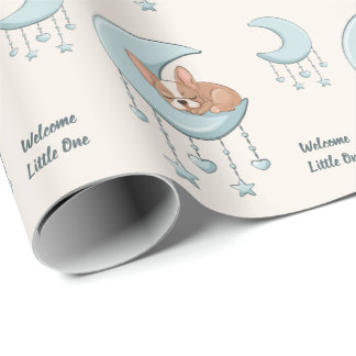 French Bulldog on Moon Blue Baby Boy Baby Shower Wrapping Paper