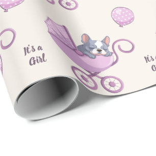 French Bulldog on Stroller Pink Girl Baby Shower Wrapping Paper