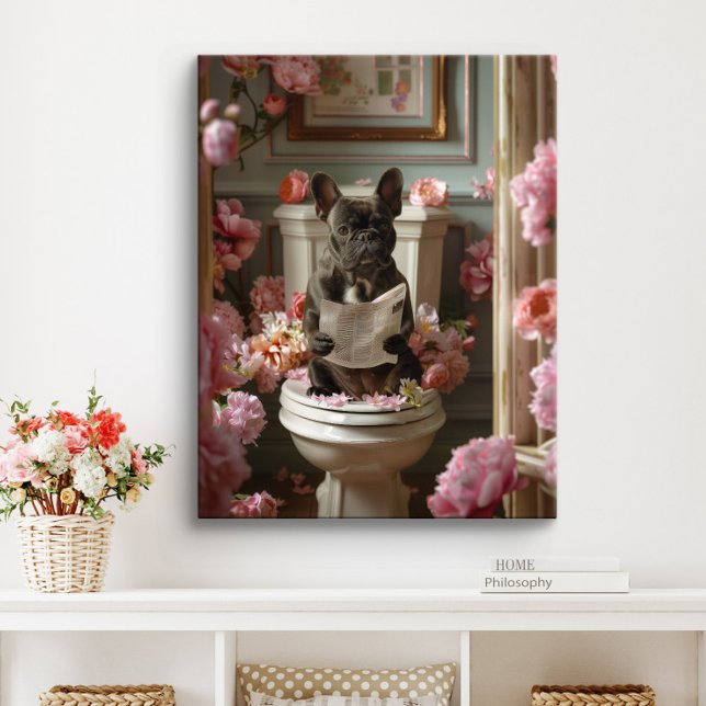 French Bulldog on Toilet | Frenchie Art Bathroom Canvas Print (Frenchie Art)