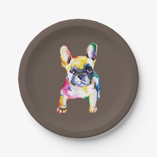 French Bulldog Original Watercolor Drawing Gift Paper Plates (Front)