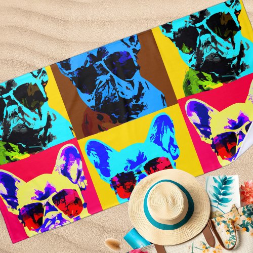 French bulldog painting in pop art style beach towel