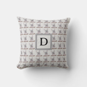 French Bulldog Pattern Gray with Monogram Throw Pillow