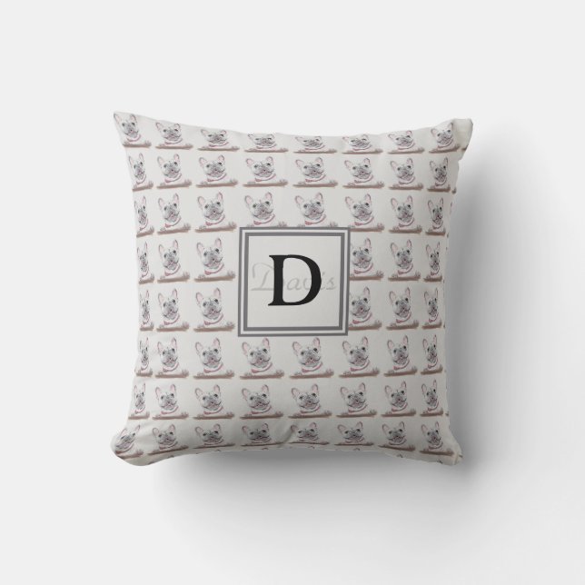 French Bulldog Pattern Gray with Monogram Throw Pillow (Front)