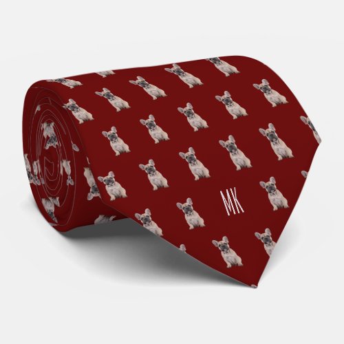 French Bulldog Pattern Monogram Red Neck Tie