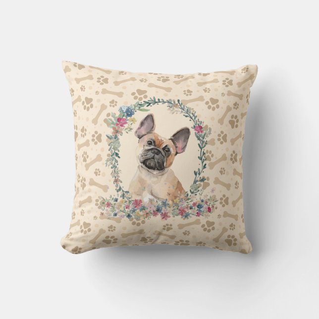 French Bulldog Paw Print & Floral Cute Throw Pillow (Front)
