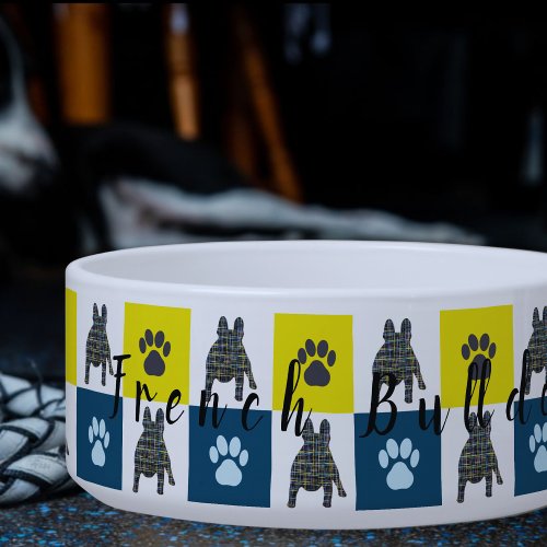 French Bulldog  Paw Yellow  Blue Grid Dog Bowl