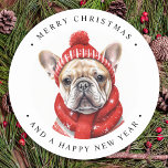 French Bulldog Personalised Dog Merry Christmas  Classic Round Sticker<br><div class="desc">Looking for the perfect holiday card or gift for the dog lover in your life? Look no further than our adorable French Bulldog-themed collection! Featuring cute and festive designs, our cards and gifts are sure to bring a smile to anyone's face. Our holiday cards feature a variety of French Bulldog...</div>