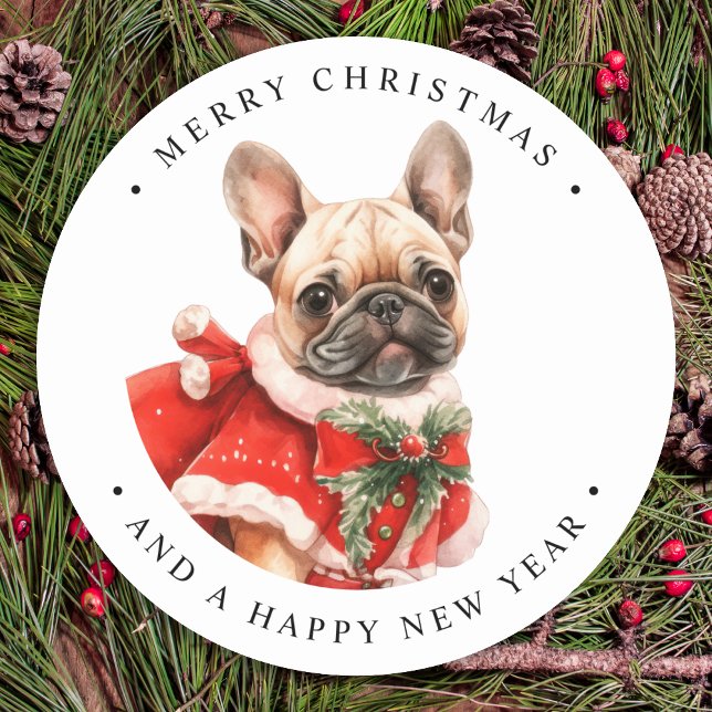 French Bulldog Personalized Puppy Dog Christmas  Classic Round Sticker (Creator Uploaded)