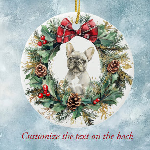 French Bulldog Pine Cone Bow Wreath Ceramic Ornament