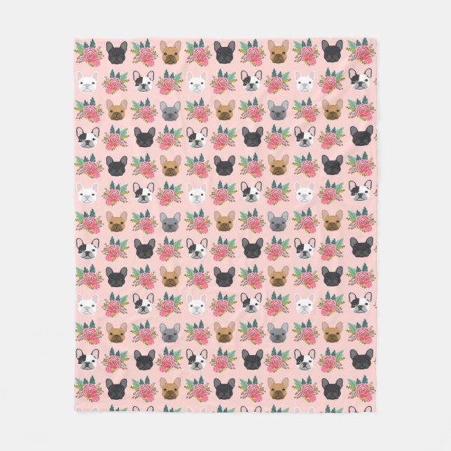 French Bulldog Pink Florals Fleece Blanket (Front)