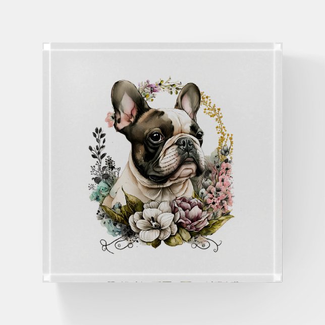 French Bulldog Pink Flowers Paperweight (Front)