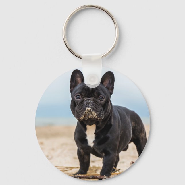 French Bulldog Playing in the Sand Keychain (Front)