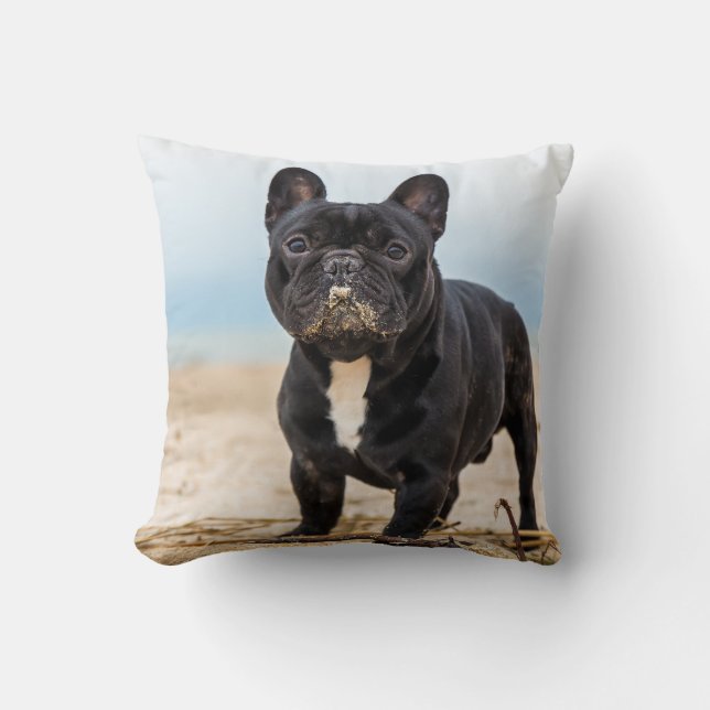 French Bulldog Playing in the Sand Throw Pillow (Front)