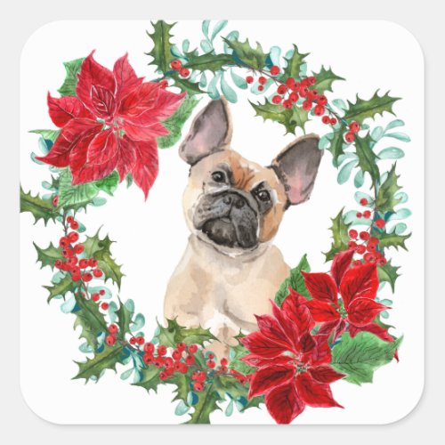 French Bulldog Poinsettia Christmas Wreath Square Sticker