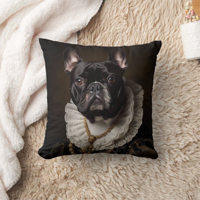 French Bulldog Portrait Renaissance Funny Pet Mom  Throw Pillow (Blanket)