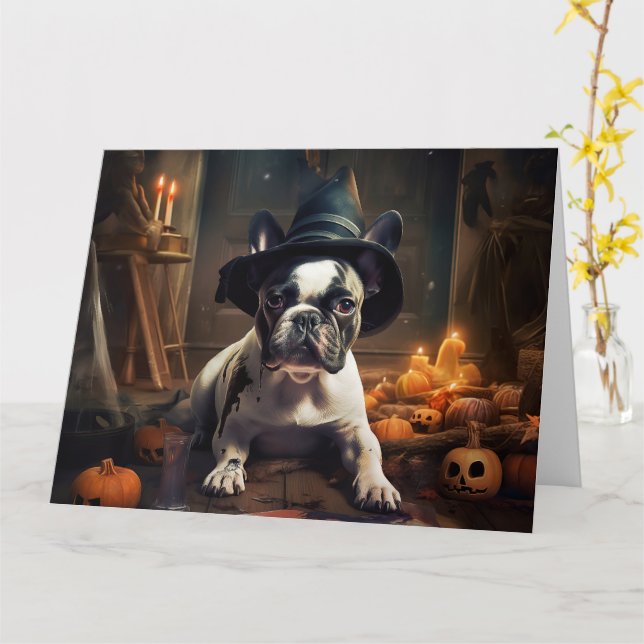 French Bulldog Pumpkins Halloween Scary Card (Yellow Flower)